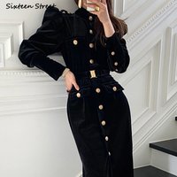 Spring Golden Button Dress Women 2023 Long Sleeve Single Breasted Dress Women Clothing Business Elegant Office Ladies Vestidos