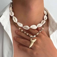IngeSight.Z Boho 2Pcs/Set Scallop Rice Bead Chain Shark Tooth Pendant Necklace Trendy Summer Beach Geometric Choker Neck Jewelry