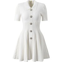SML High Quality Fashionable Elastic Knitted Solid Color Flip Collar Button Back Zipper Large hem Pleated Casual Women's Dress
