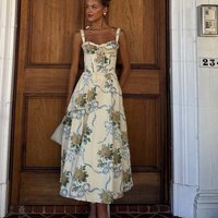Sexy Spaghetti Straps Floral Print A-line Midi Dresses Women Fashion Fishbone Waist Slim Summer Elegant Dress Cotton Robe
