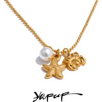 Yhpup Ocean Style Summer Pearl Starfish Crab Necklace Pendant Stainless Steel Gold PVD Plated Holiday Fashion Jewelry for Women