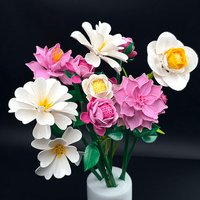 Gentle Pink and White Peony Building Block Bouquet, Eternal Flower Arrangement, Light Luxury Style Office Desk Decoration, Valentine's Day Gift for Girlfriend
