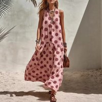 Women Fashion Polka Dot Long Dress V-neck Sleeveless Tiered Hem Loose Fit Casual Spring Summer Dress For Beach & Vacation