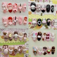 10Pcs Kawaii Cartoon 3D Rabbit Bear Handmade Almond Press On Nails Dessert Chocolate Cream Cake Bowknot Pearl Stars Fake Nails