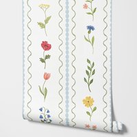 Papier peint rayé avec des motifs floraux, à coller soi-même, vaguelettes de feuilles vertes, pour la décoration de la pièce, auto-adhésif ou papier traditionnel