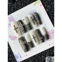 10Pcs Handmade Snake Skin Pattern Press On Nails Art Square Dull Polish Cross Diamond Steel Ball Design Fake Nails Sticker