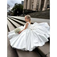 Girl's wedding white satin flower girl dress, pearl neckline trimmed dress, long bow baptismal dress, first collar Eucharist