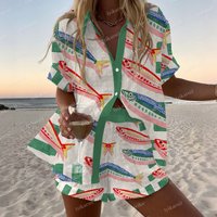 Summer Fashion Print Beach Holiday 2-Piece Set Women Short Sleeve Shirt Top + Wide Legs Short Women's Oversized Two-Piece Outfit