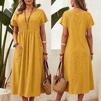 2026 Solid Color Pleated Maxi Women's Dress with Pockets Classic Simple O Neck Loose Fit A-Line Short Sleeve Casual Dress
