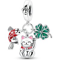 925 Sterling Silver Enamel Lucky Cat Koi Fish Four Leaf Clover Charm Fit Women DIY Bracelet Necklace Fashion Jewelry Lucky Gift