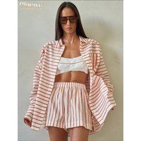 Clacive Fashion Loose Stripe Print 2 Piece Set Women 2026 Elegant Long Sleeve Shirt With High Waist Shorts Set Female Clothing