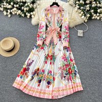 French Elegant Lace Splicing Pleated Dress Women's Lapel Long Sleeve Sashes Buttons Party Dress Female Casual Holiday Clothing