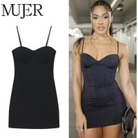 MUJER Black Corset Mini Dress Women Sexy Backless Slip Dress Woman Summer Night Short Dresses for Women Straps Evening Dresses