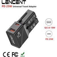 LENCENT Universal Travel Adapter With1 USB QC 3.0 Port and 1 PD 25W Type C Fast Charger Power Adapter for US EU UK AUS Travel