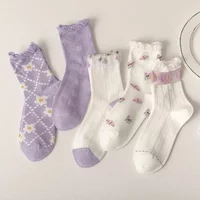 2024 spring and summer new socks women's purple small floral plaid tube socks card stockings solid color cute student socks