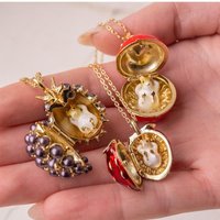 Hidden Hamster Animal Enamel Opening And Closing Locket Necklace With Gold Plated Chain Lovely Fruit Design Daily Wear Gift