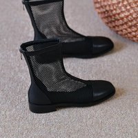 Women's Summer Breathable Mesh Ankle Boots - Square Toe Block Heel Back Zip Versatile Commute Sandal Boots