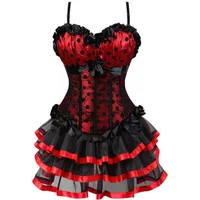 Women Sexy Lace Corset Dress Vintage Print Dot Cup Straps Overbust Corset Bustier Top With Striped Mini Skirt Set Plus Size