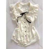 Original Doll Collar Chiffon Shirt for Women in White Unique Stylish Summer Top Breathable Cotton Blend Short Sleeve Button D...
