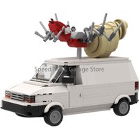 White Cartoon Van with Top Equipment Building Blocks MOC Set, Classic Animation Style Vehicle Model, DIY Assembly Toy Gift