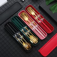 Gold Portable Tableware Cutlery Set With Box Spoon Fork Chopsticks Set Stainless Steel Lunch Dinnerware Kitchen Accessories