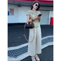 New Chinese Style Stand Collar Printed Shirt Casual Pants Set Women Summer Fashionable Two Piece Set High Waist Nine Points