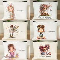 Add Your Name Makeup Bag Cute Girl Pattern Portable Zipper Toiletry Storage Bags Cosmetic Pouch for Women Friend Christmas Gift