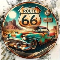 Vintage Route 66 Metal Wall Art Sign - 8x8 Inch Retro Americana Decor with Classic Car & Desert Scene - Rustic Tin Plaque for Ho