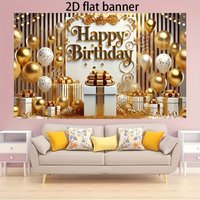 2D flat banner - Happy Birthday design with golden and white balloons, polyester fiber party decoration and photography props