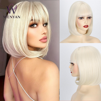 14 Inch White Blonde Short Bob Wig with Bangs, Platinum Blonde Synthetic Straight Hair Wigs for Women, Cosplay Costume Bob Wig