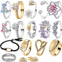 New 925 Sterling Silver Fashion Plate Pave Floral Bow Golden Butterfly Clover Band Rings Cord Bracelet Inlaid Gem Fine Jewelry