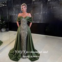 NFYN Green Party Dresses Off the Shoulder Short Sleeve Evening Dresses Full Beaded Bodice فساتين السهرة A Line Modest Customized