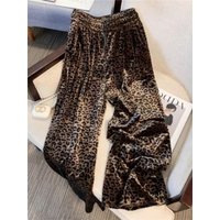 High Waist Loose Fit Casual Leopard Print Wide Leg Pants Women's Straight Cut Trousers Autumn Winter New Style Floor Length