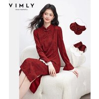 VIMLY Red New Year's Chinese Stand-up Collar Button Dress Women's Spring 26 New Lace Lace Cheongsam Dress A3900