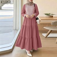 ZANZEA Elegant Muslim Abaya Women Patchwork Maxi Long Dress O Neck Long Sleeve Pleated Sundress Dubai Robe Femme Casual Kaftan