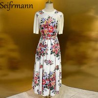 Seifrmann New Women's Suit Short Sleeved Slim Tops+Casual Loose Casual Skirt Print Cotton 2-piece se