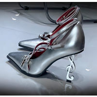 Elegant Metallic Silver Pointed-Toe Pumps Unique Treble Clef Heel Multi-Strap Ankle Design Contrast Red Lining Buckle Lady Heels
