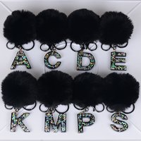 Black furry pompoms Initial Sequin letter Keychain Girl Perfect Gift Adds Sparkle to Bags & Car Interiors