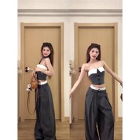 Korean Style Spicy Girl Set Women Pure Desire Color Collision One Shoulder Tube Top Top High Waist Slimming Wide Leg Pants