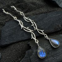 Vintage Bohemian Synthetic Blue Moonstone Long Drop Earrings Antique Silvery Color Dangle Earrings Trend Jewelry