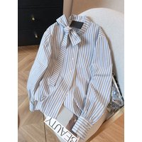 Bow Lace Up Striped Shirts Women Loose Preppy Style Sweet Cute Blouse Female Spring Korean Stand Collar Vintage Long Sleeve Tops