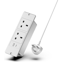 UK Plug Recessed Power Strip 2 Outlets USB-C/USB-A 1.5M/59.05IN Power Cord Space-Saving Easy Install for Desk/Counter/Furniture