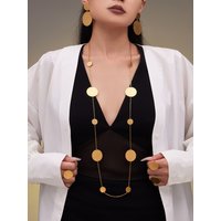 106cm Long Stainless Steel Gold-Plated Pendant Necklace Simple Small Round Drop Earrings Ring Women's Waterproof Jewelry Set
