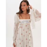 Women White Floral Maxi Dress Square Neck Long Puff Sleeve Empire Waist Chiffon Flowy A-line Boho Cottagecore Party Dress