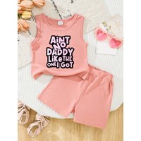 2pcs Summer Baby Girls Pink Letter Print Ribbed Set, Sleeveless Tank + Shorts, Cute Style, Daily/Outdoor Wear, 1-3Y, Breathable