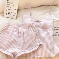 Bowknot Lace Stripe Pajama Suit Sleeveless Loose Camisole Shorts Nightwear Women Sleepwear Slim Fit Two Pieces Pajama Sets Home
