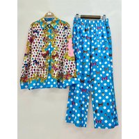 2026 spring women's clothing retro polka dot geometric print lapel shirt two-piece set + loose wide-leg trousers fashion suit