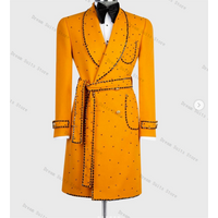 Cashmere Men Suit 1 Piece Long Blazer Wool Luxury Crystals Stone Customized Formal Office Jacket Groom Wedding Tuxedo King Coat