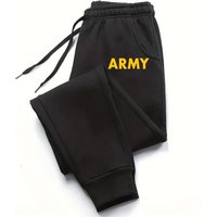 Men's Army Letter Printed Casual Joggers Warm Lined Cotton Blend Drawstring Waist Pants with Pockets Regular Fit for All Seasons