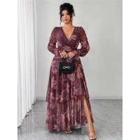L-4XL Plus Size Elegant Maxi Dress 2026 Spring Summer Women Office Lady Casual Long Sleeve Flower Print Robe Oversize Dress